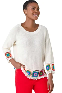 Roman Ivory Floral Crochet Hem Cotton Jumper