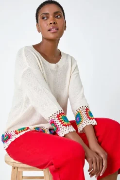 Roman Ivory Floral Crochet Hem Cotton Jumper