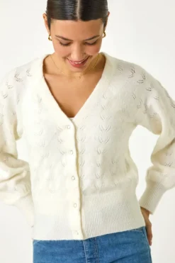 Roman Ivory Pointelle Detail Knit Cardigan