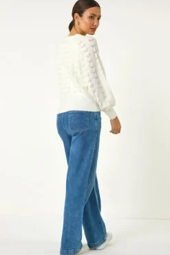 Roman Ivory Pointelle Detail Knit Cardigan