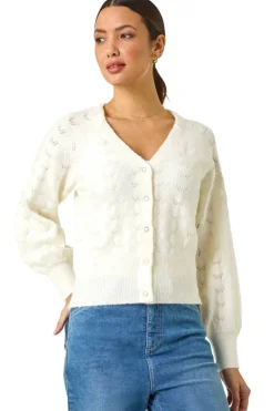 Roman Ivory Pointelle Detail Knit Cardigan