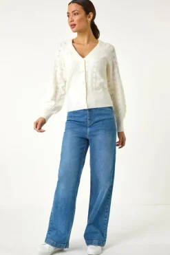 Roman Ivory Pointelle Detail Knit Cardigan