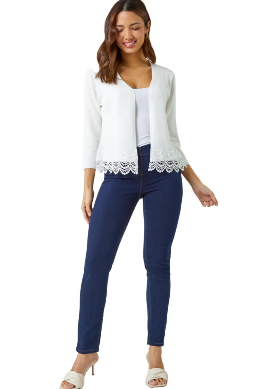 Roman Ivory Scalloped Lace Trim Knitted Shrug