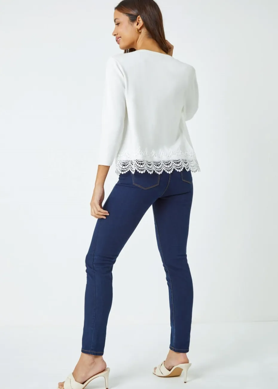 Roman Ivory Scalloped Lace Trim Knitted Shrug