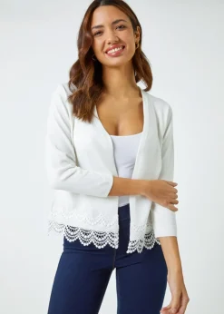 Roman Ivory Scalloped Lace Trim Knitted Shrug