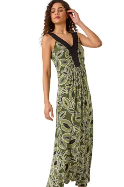 Roman Khaki Leaf Print Contrast Band Maxi Dress