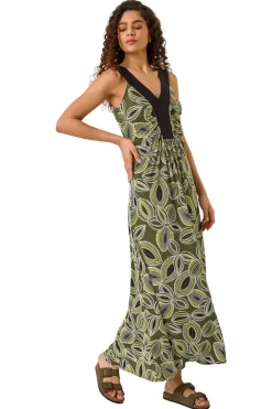 Roman Khaki Leaf Print Contrast Band Maxi Dress