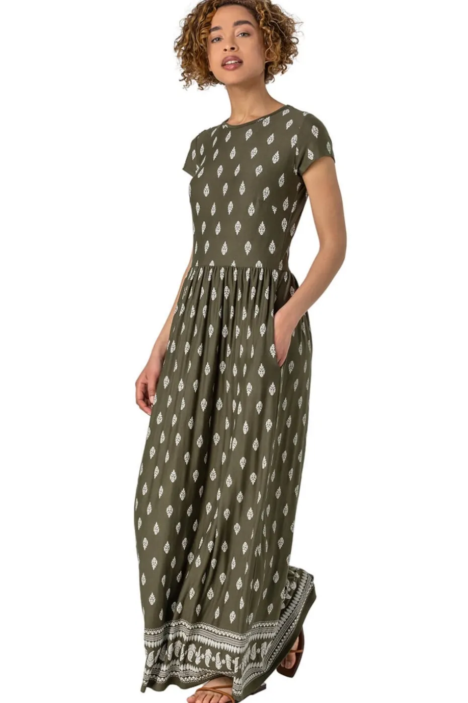 Roman Khaki Paisley Border Print Maxi Dress