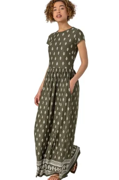 Roman Khaki Paisley Border Print Maxi Dress