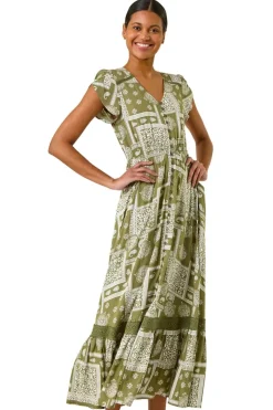 Roman Khaki Patchwork Lace Trim Maxi Dress