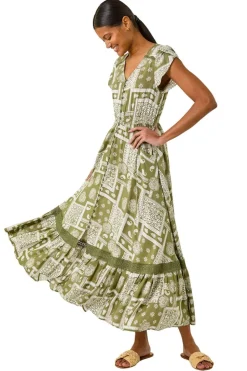 Roman Khaki Patchwork Lace Trim Maxi Dress