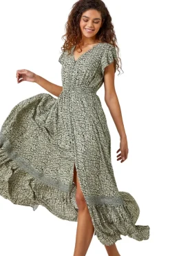 Roman Khaki Scribble Print Button Through Maxi Dress