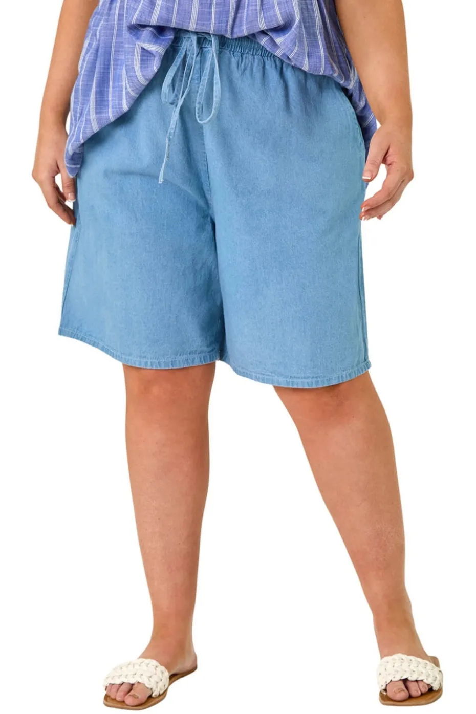 Roman Light Blue Curve Tie Waist Denim Short