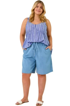 Roman Light Blue Curve Tie Waist Denim Short