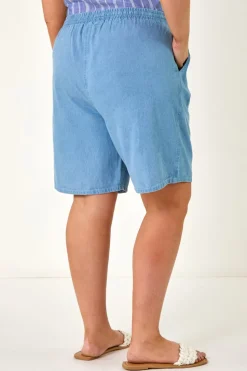 Roman Light Blue Curve Tie Waist Denim Short