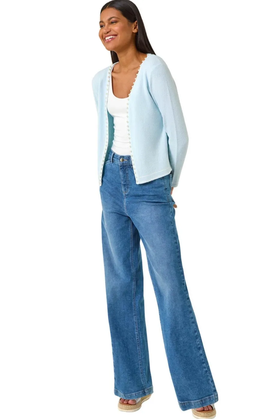Roman Light Blue Faux Pearl Trim Cardigan