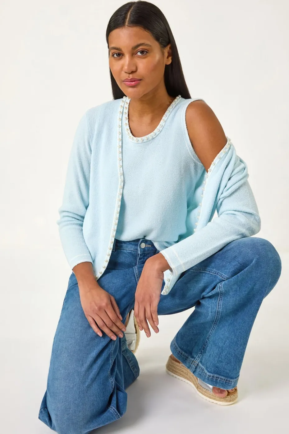 Roman Light Blue Faux Pearl Trim Cardigan