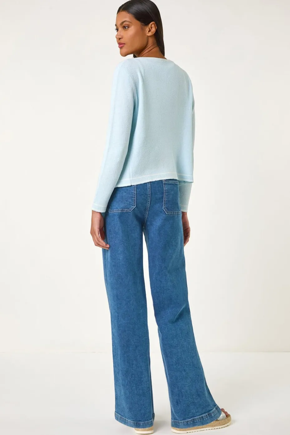 Roman Light Blue Faux Pearl Trim Cardigan