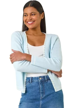 Roman Light Blue Faux Pearl Trim Cardigan