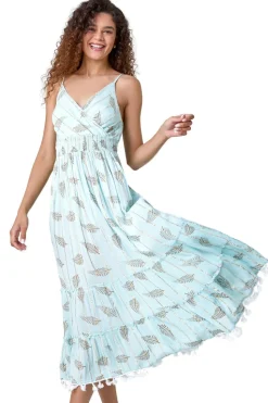 Roman Light Blue Metallic Leaf Print Shirred Maxi Dress