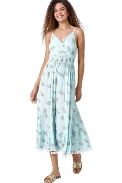 Roman Light Blue Metallic Leaf Print Shirred Maxi Dress