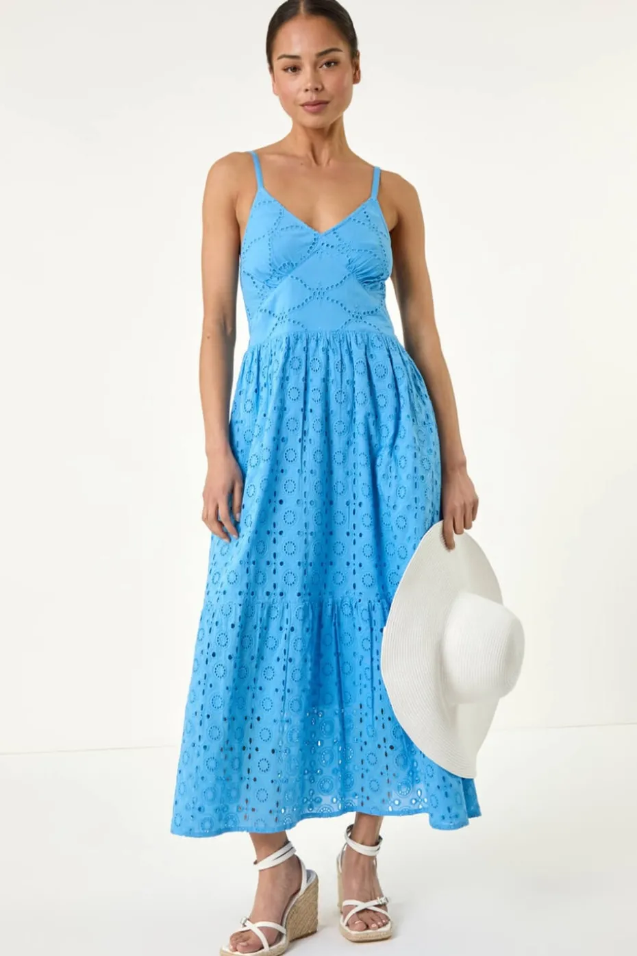 Roman Light Blue Petite Broderie Strappy Maxi Dress