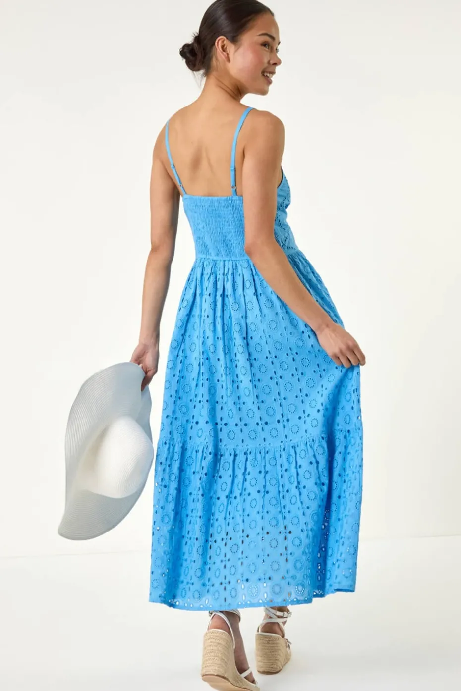 Roman Light Blue Petite Broderie Strappy Maxi Dress