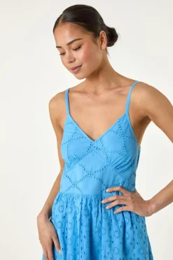 Roman Light Blue Petite Broderie Strappy Maxi Dress
