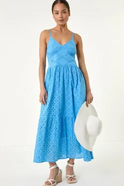 Roman Light Blue Petite Broderie Strappy Maxi Dress