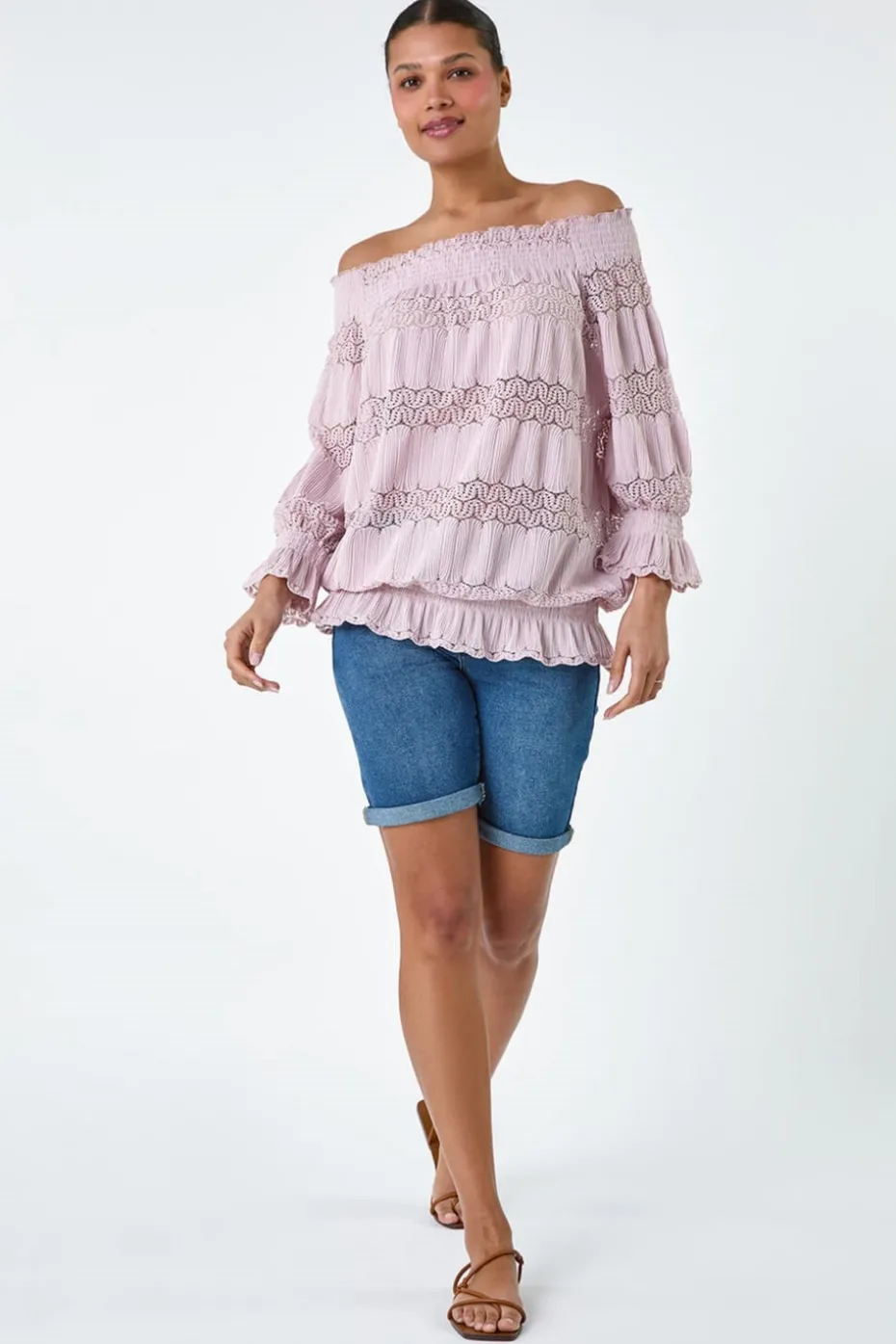 Roman Light Pink Lace Insert Frill Bardot Top