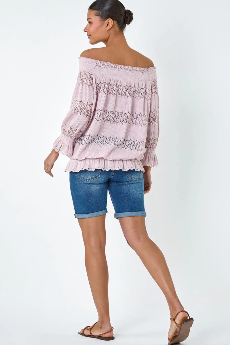 Roman Light Pink Lace Insert Frill Bardot Top