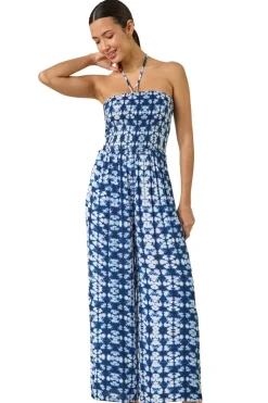 Roman Navy Abstract Shirred Bardot Jumpsuit