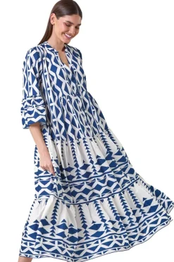 Roman Navy Aztec Print Tiered Midi Smock Dress