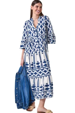 Roman Navy Aztec Print Tiered Midi Smock Dress