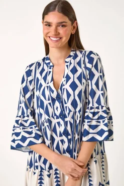 Roman Navy Aztec Print Tiered Midi Smock Dress
