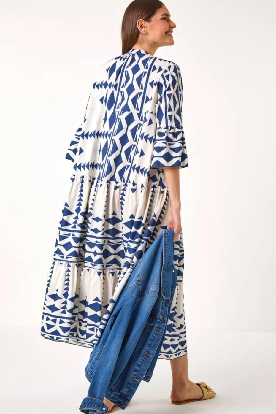 Roman Navy Aztec Print Tiered Midi Smock Dress