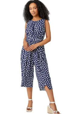 Roman Navy Petite Polka Dot Cropped Jumpsuit
