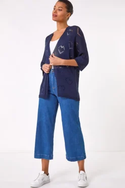 Roman Navy Pointelle Heart Knit Cardigan