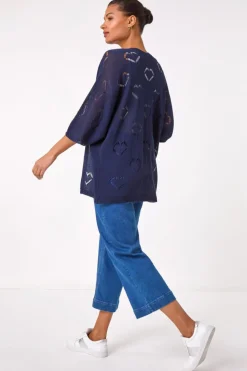 Roman Navy Pointelle Heart Knit Cardigan