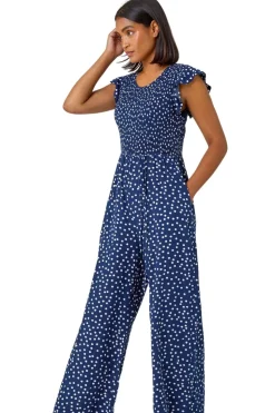 Roman Navy Polka Dot Shirred Pocket Jumpsuit