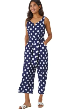 Roman Navy Spot Print Belted Jumpsuit