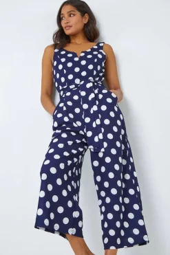 Roman Navy Spot Print Belted Jumpsuit
