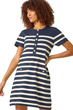 Roman Navy Stripe Button A-Line Knit Dress