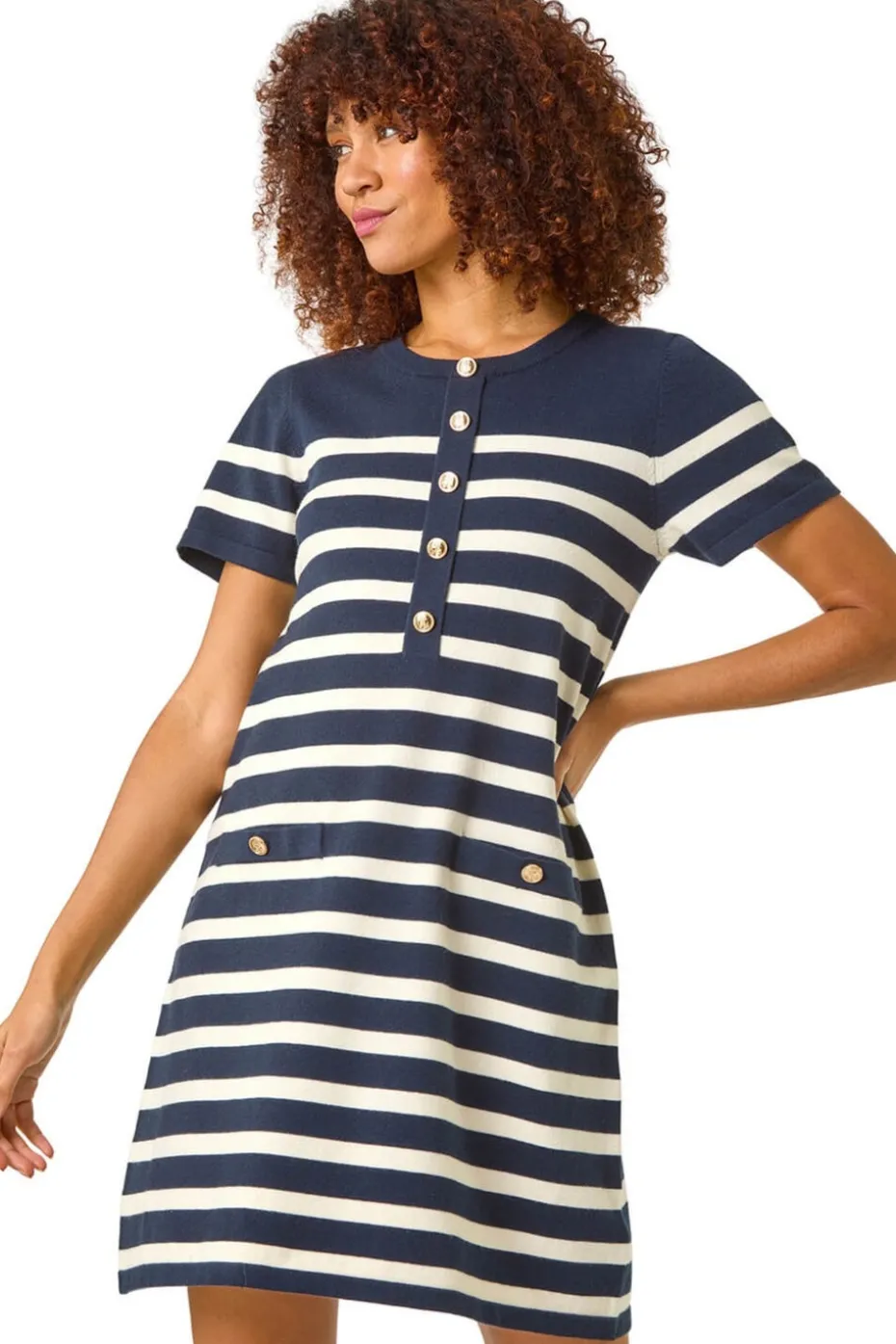 Roman Navy Stripe Button A-Line Knit Dress