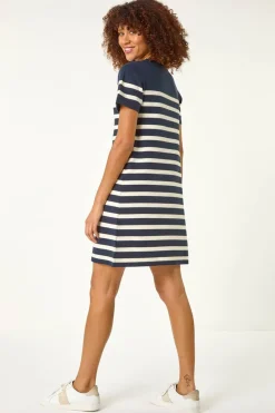 Roman Navy Stripe Button A-Line Knit Dress