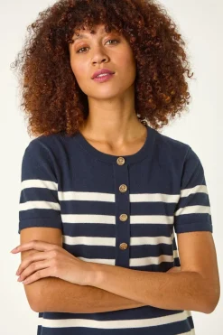 Roman Navy Stripe Button A-Line Knit Dress