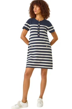 Roman Navy Stripe Button A-Line Knit Dress