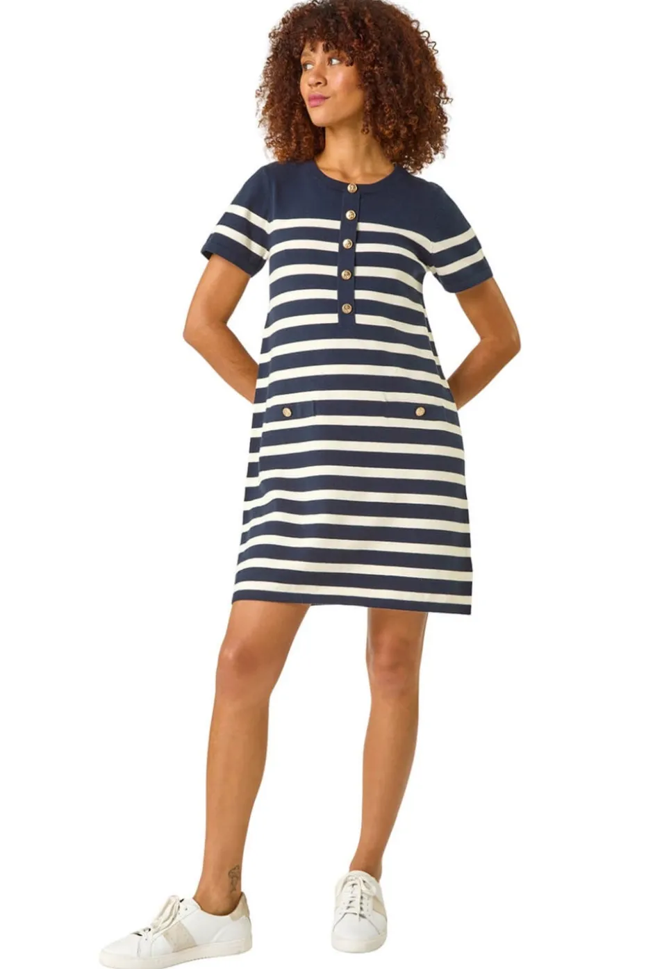 Roman Navy Stripe Button A-Line Knit Dress