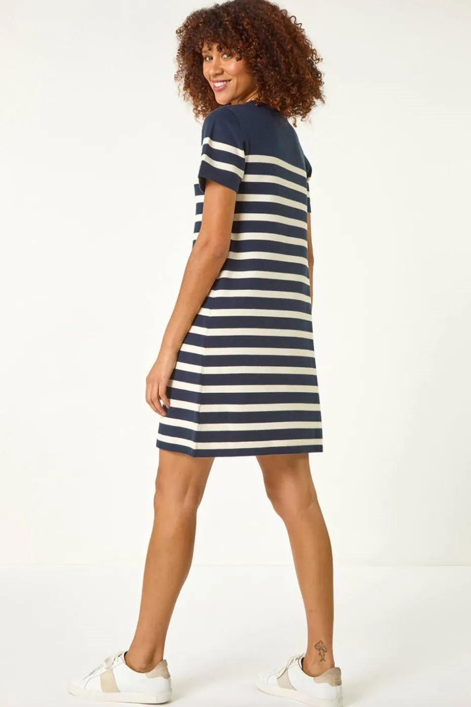 Roman Navy Stripe Button A-Line Knit Dress