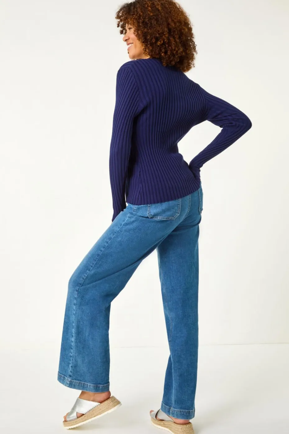 Roman Navy V-Neck Cable Ribbed Knit Jumper